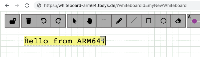 screenshot of whiteboard, saying hello from arm64